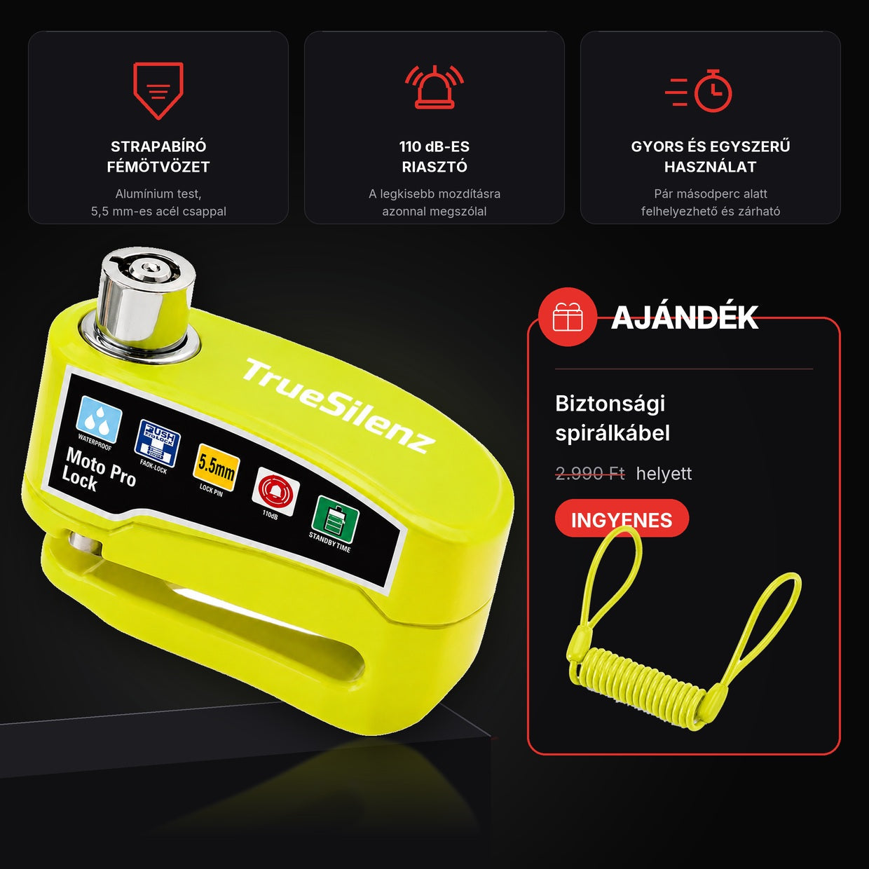 Moto Pro Lock riasztos tarcsazar - jellemzok es ajandek spiralkabel